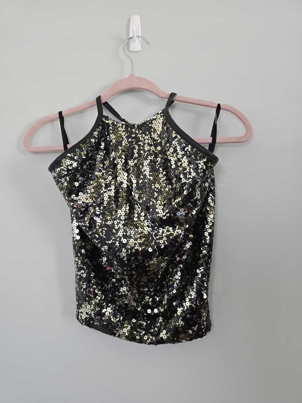 Express Black Gold Sequin Halter Cami Party Top Y2K Style L FLAW